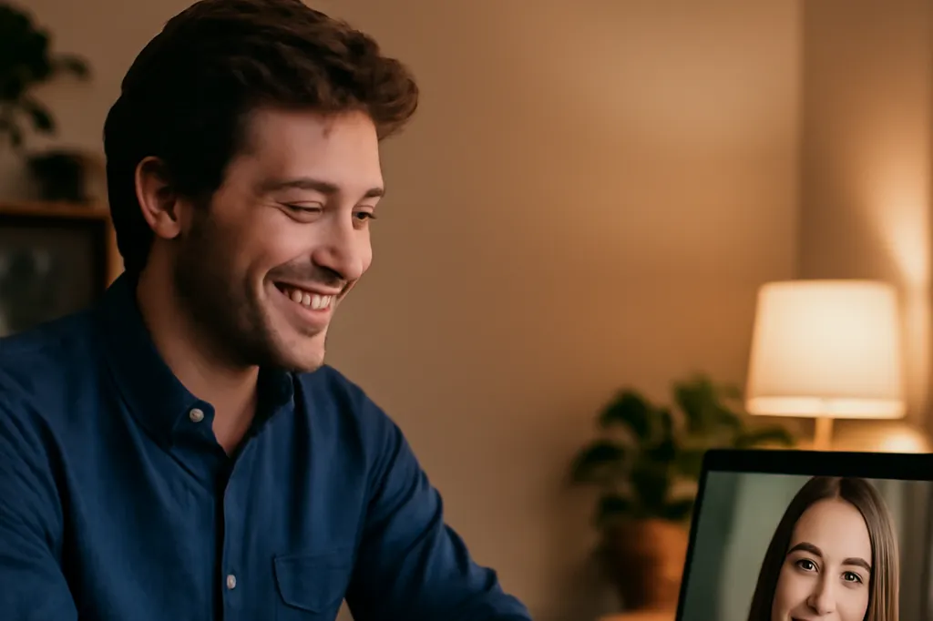 Homme français souriant lors d'un premier appel vidéo avec une femme russe, ambiance chaleureuse et naturelle