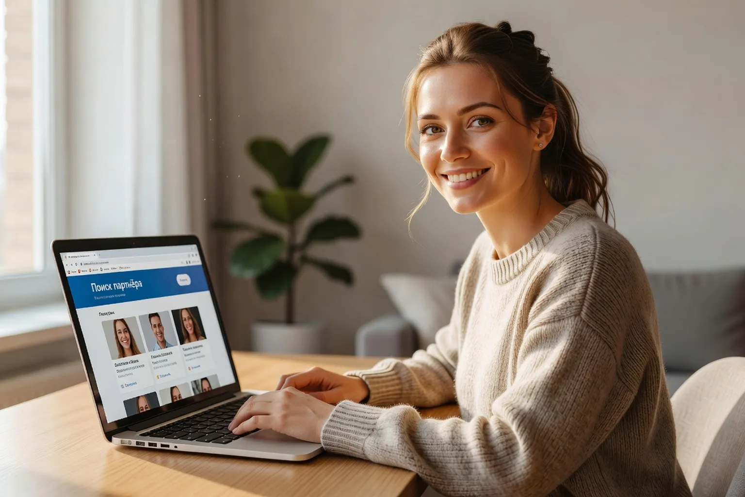 Femme russe souriante qui navigue sur un site de rencontre depuis son appartement moderne